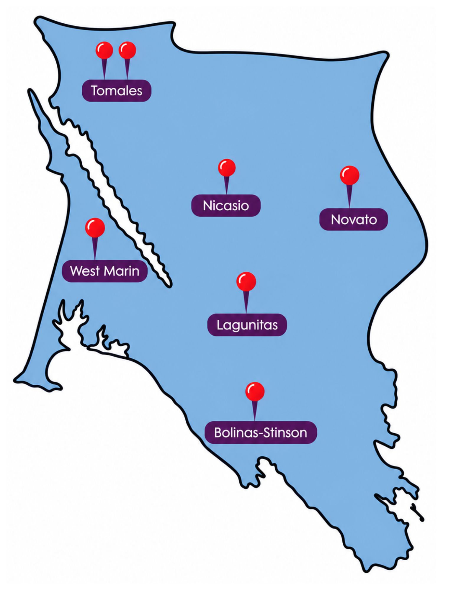 Illustrated Marin County map labeled Tomales, Nicasio, Novato, West Marin, Lagunitas and Bolinas-Stinson