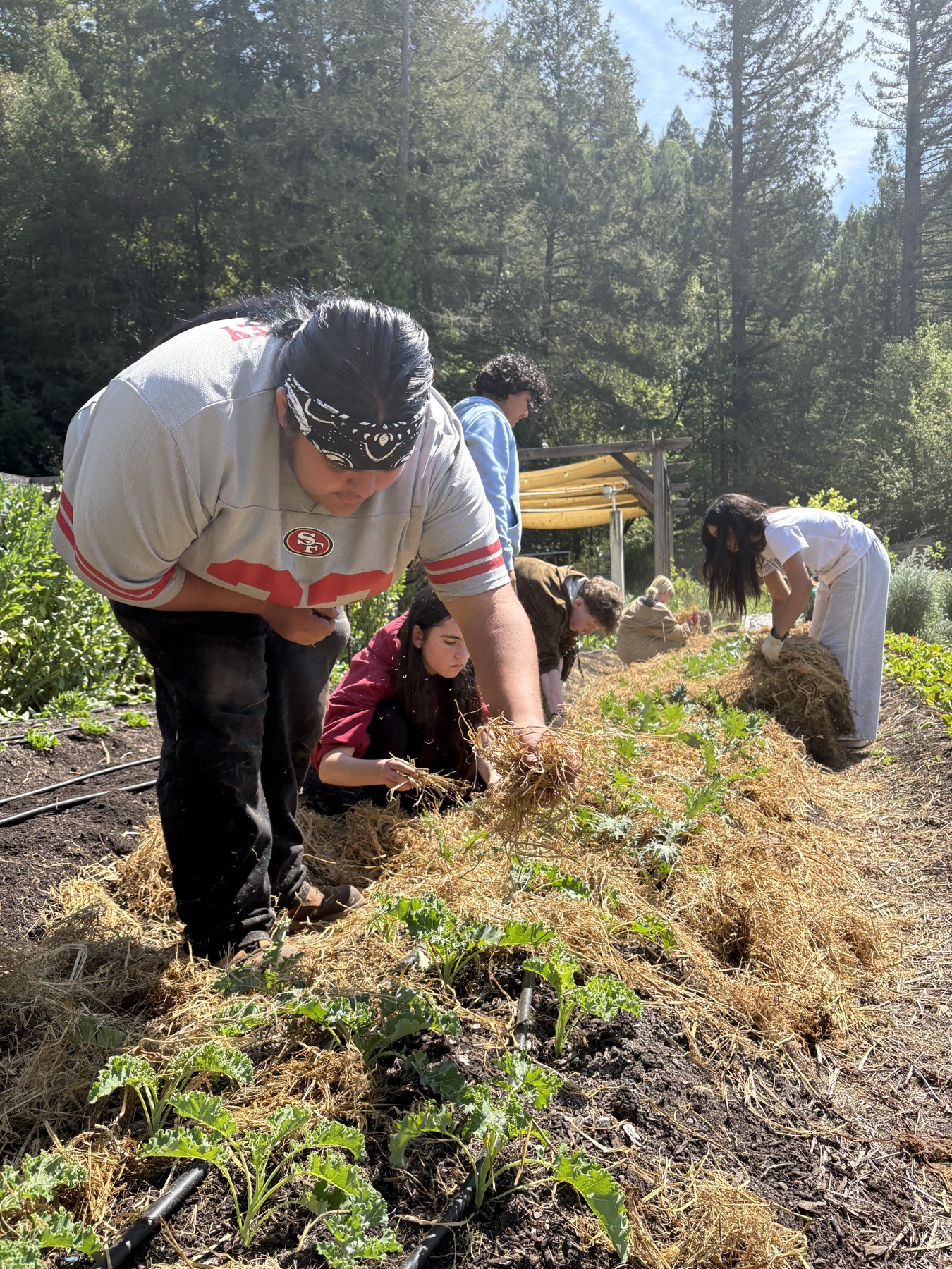 A student planting outdoors