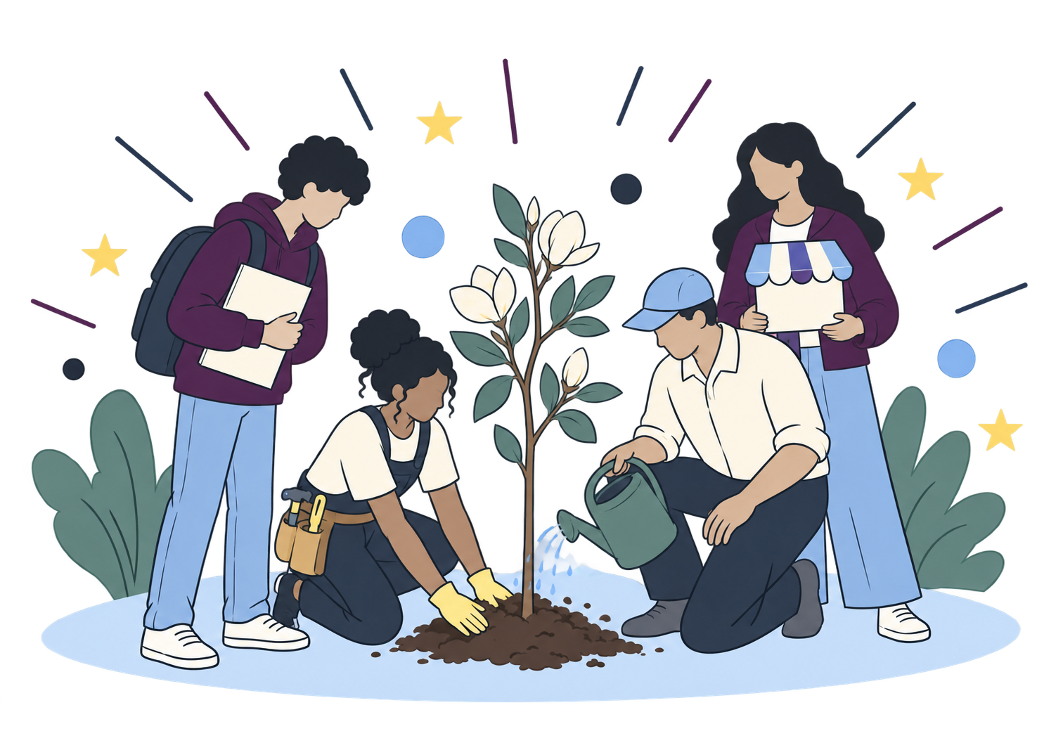 Community members gathering around a growing tree, representing local investment
