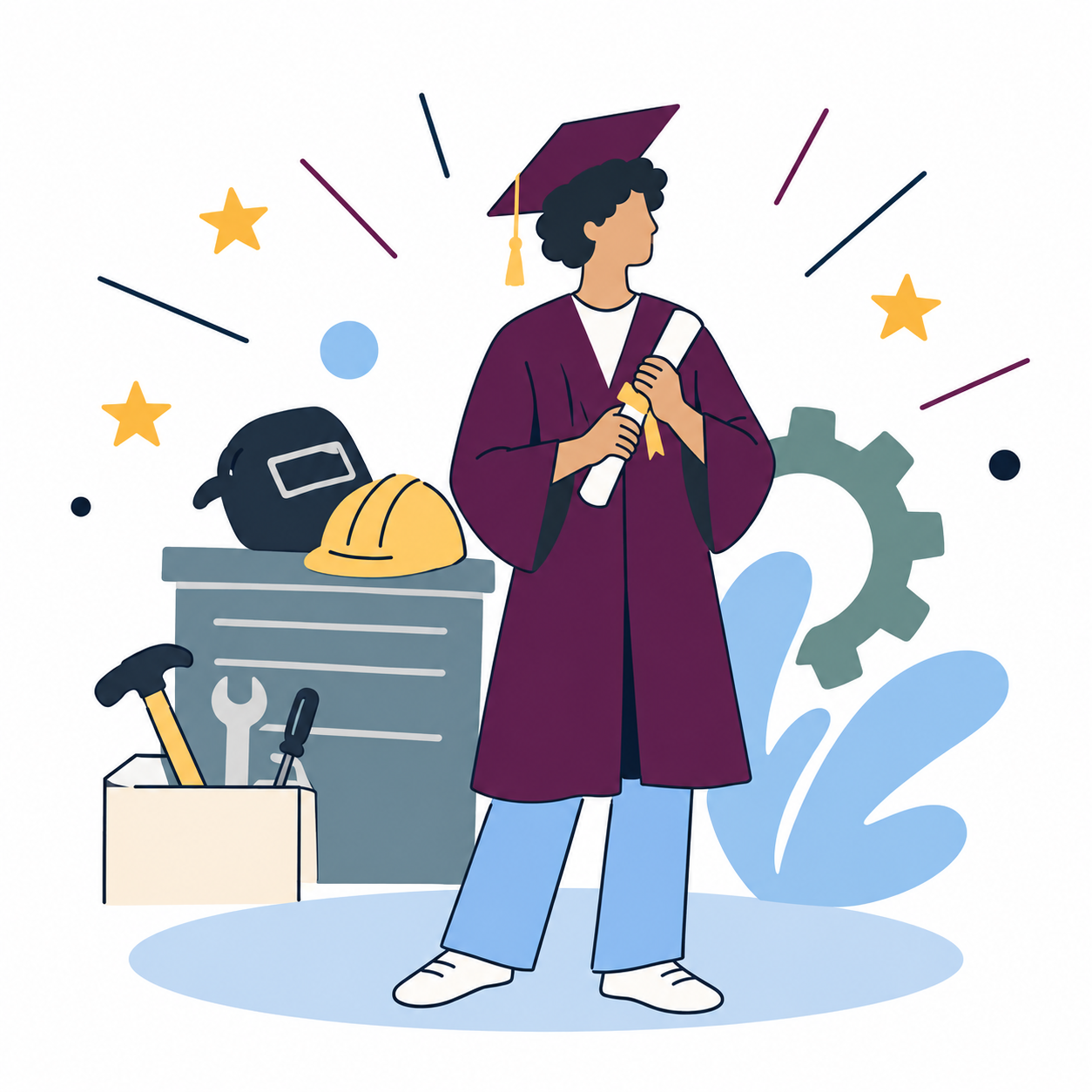 Graduate with a diploma, trade tools and safety equipment